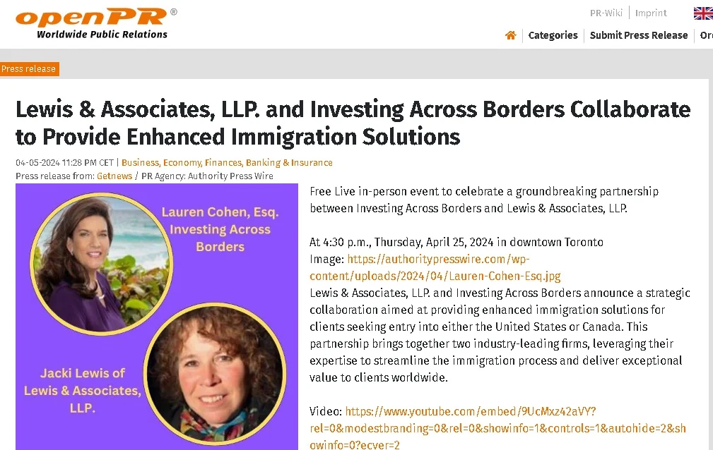Lewis & Associates, LLP. and Investing Across Borders Collaborate to Provide Enhanced Immigration Solutions